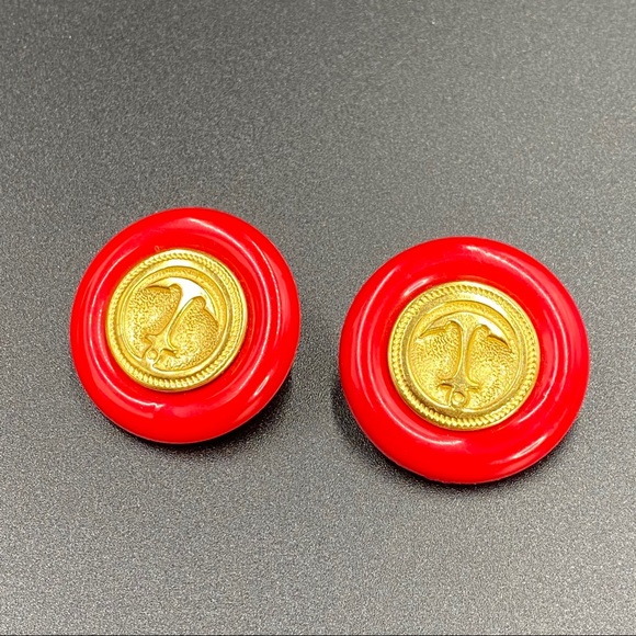 Vintage Retro Red Plastic Anchor Button Earrings - Picture 8 of 8